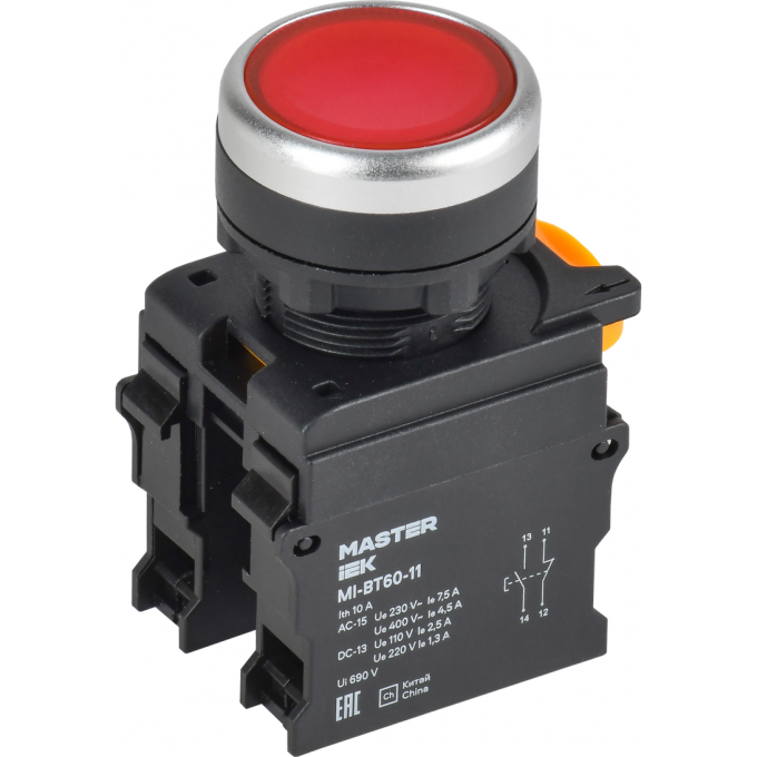Кнопка IEK MASTER MI-BT60-11-3-22-K04 d=22мм 1NO+1NC красная MI-BT60-11-33-22-K04