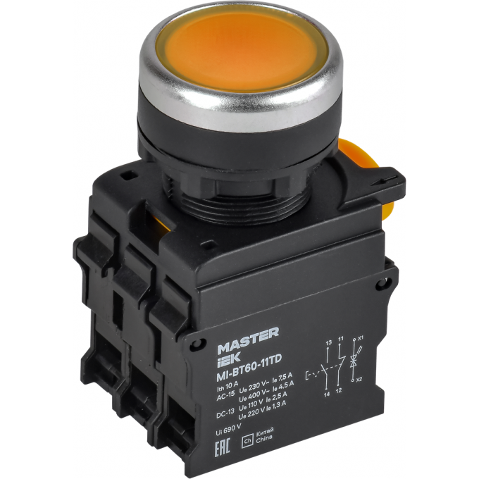 Кнопка с подсветкой и фиксацией IEK MASTER d=22мм 1NO+1NC жёлтая MI-BT60-11TD-3-11-K05