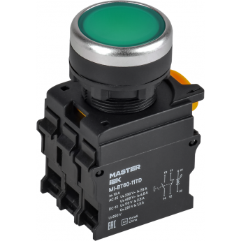 Кнопка с подсветкой и фиксацией IEK MASTER MI-BT60-11TD-3-11-K06 d=22мм 1NO+1NC зелёная